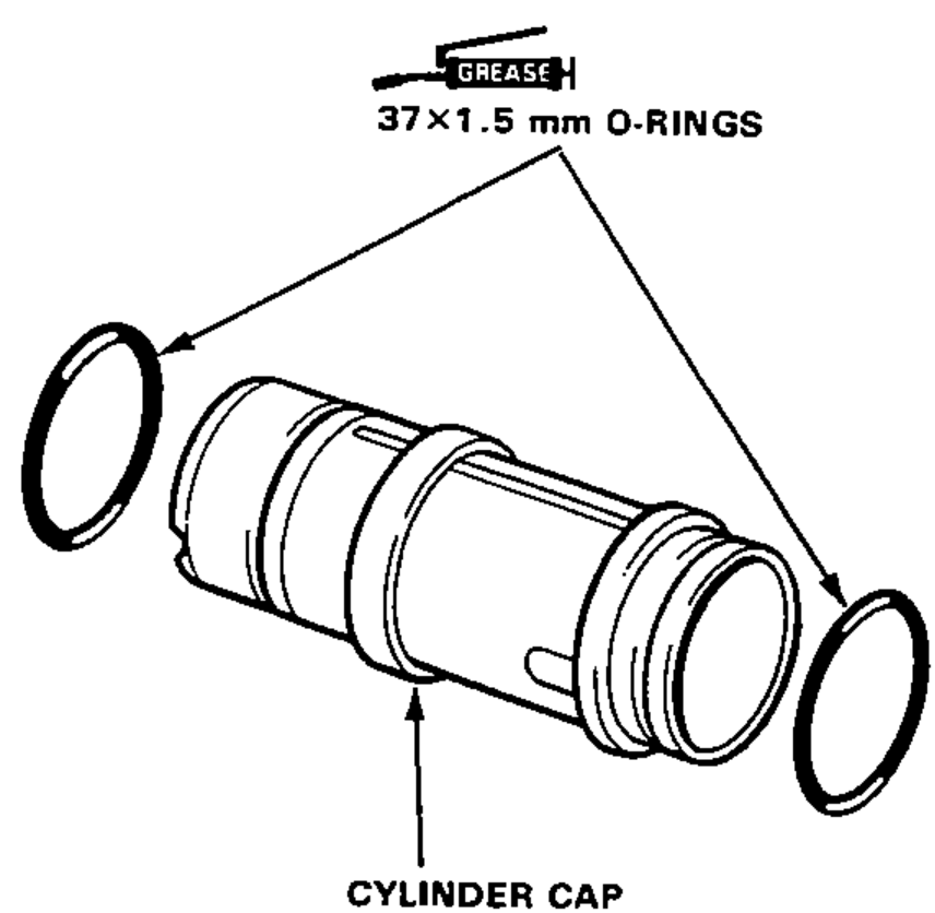 New 37×1.5 mm O-rings coated with grease being installed on the cylinder cap. Labels identify the 37×1.5 mm O-rings and the cylinder cap.
