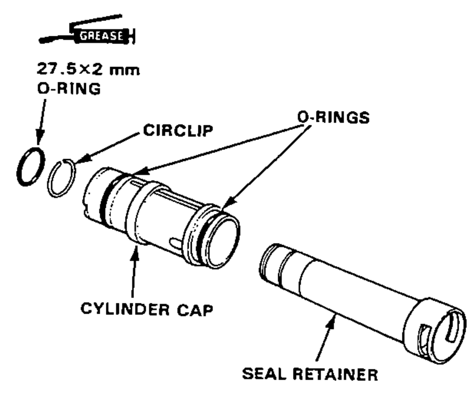 Exploded view of the seal retainer assembly with the cylinder cap, circlip, 27.5×2 mm O-ring and O-rings (coated with grease) being installed on the seal retainer.