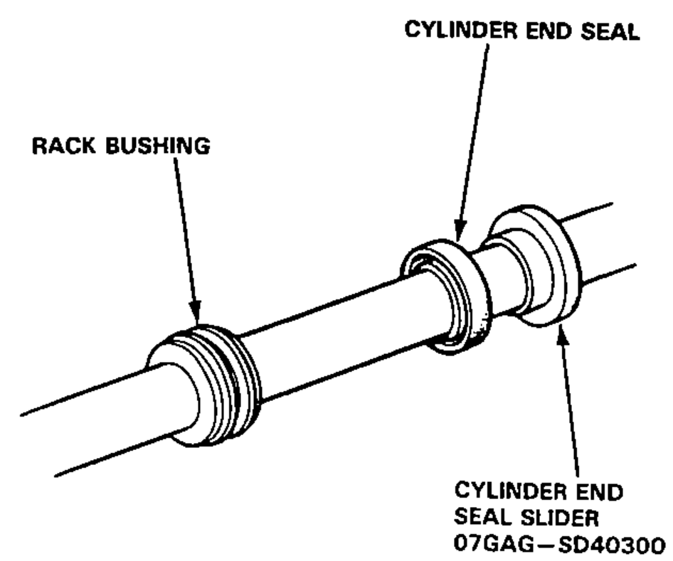 View of the steering rack showing the rack bushing, cylinder end seal, and cylinder end seal slider after removing the special tool.