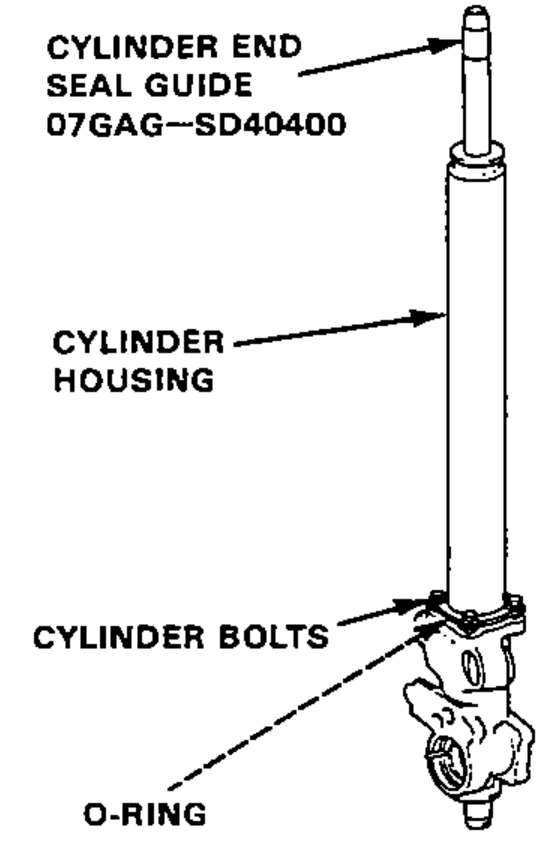 Cylinder positioned on the gear/cylinder housing showing the cylinder end seal guide special tool at top, the cylinder housing, the cylinder bolts, and the O-ring at the base.