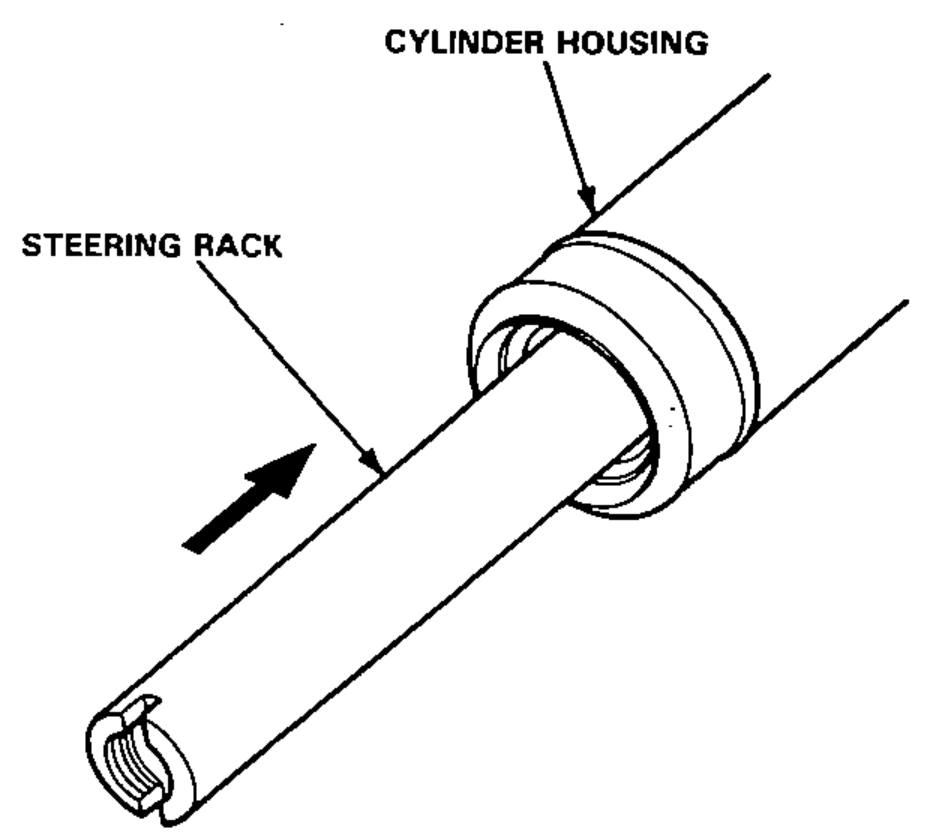 Inserting the steering rack into the cylinder housing; arrow shows the rack sliding into the housing.