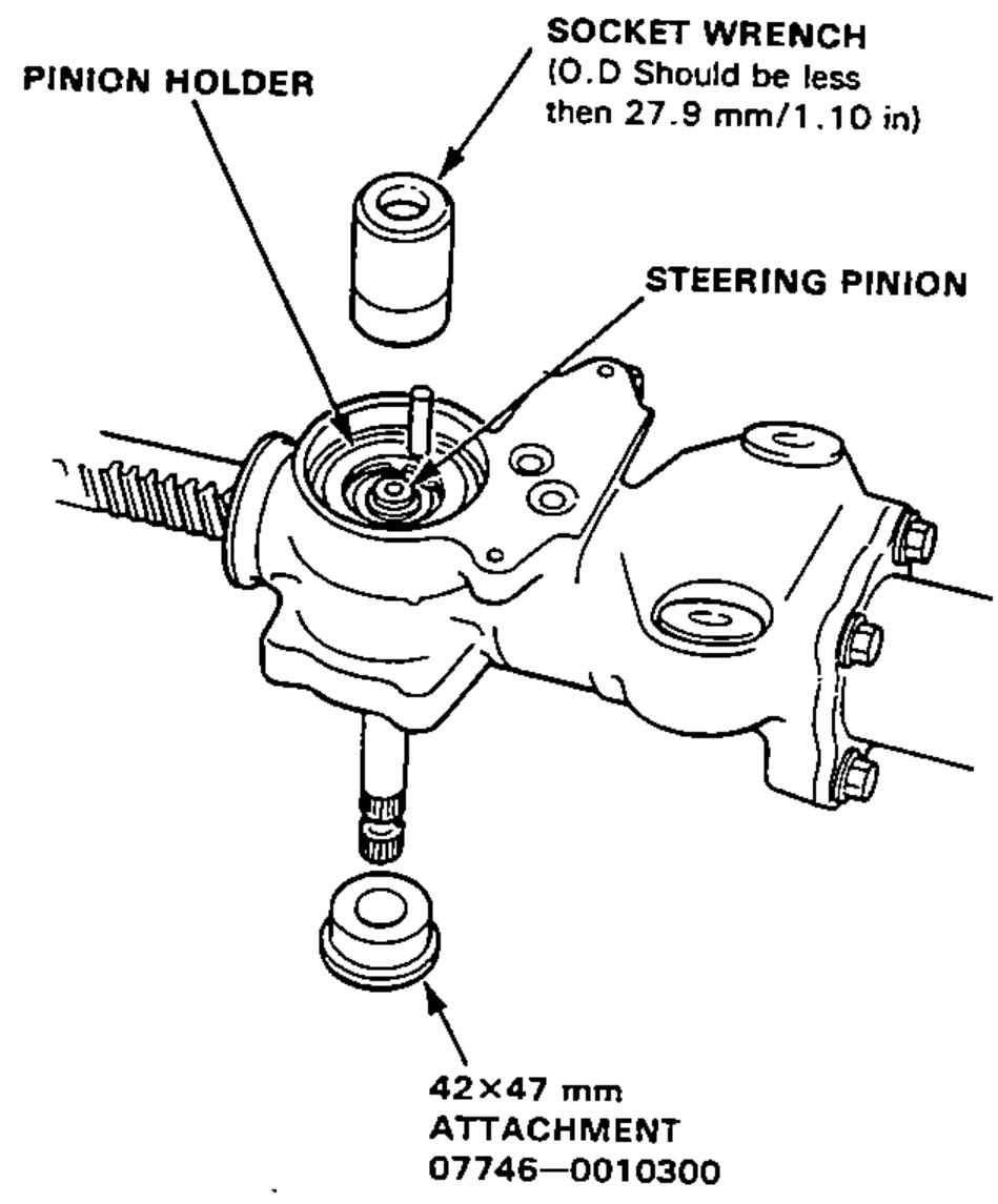 Installing the steering pinion in the pinion holder using a socket wrench and a 42x47 mm attachment; the gear housing is shown with the pinion holder and steering pinion.