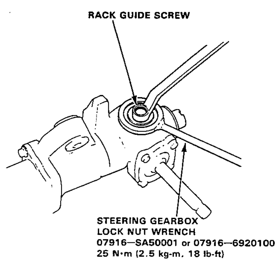 Tightening the lock nut while holding the rack guide screw with the steering gearbox lock nut wrench special tool.