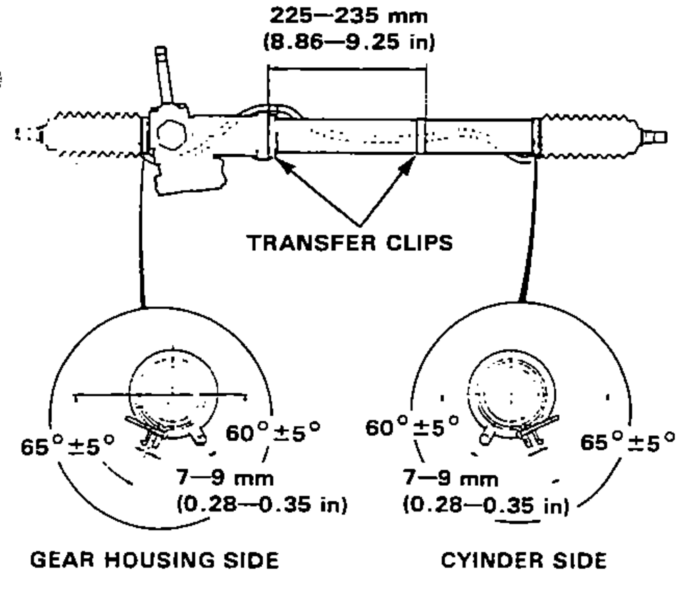 Air transfer hose and transfer clip installation on the steering rack, showing the 225-235 mm span and the clip orientation angles for the gear housing side and cylinder side.