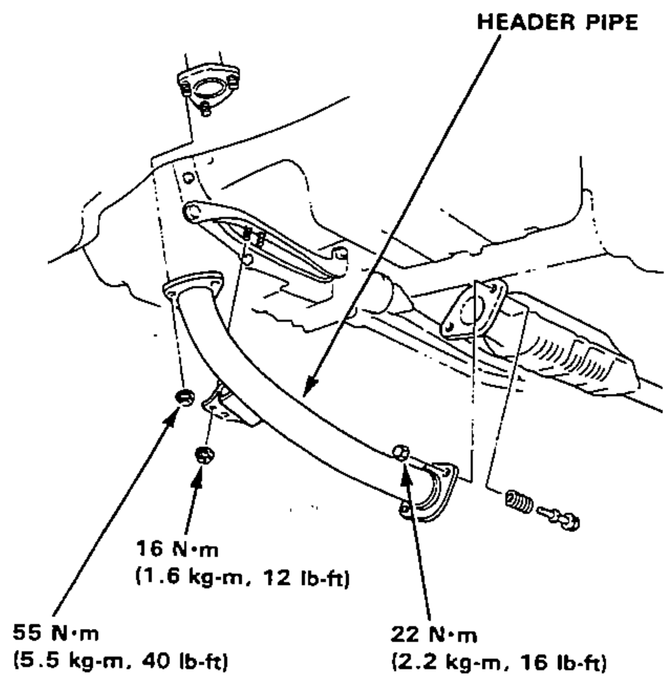 Header pipe installation with new gasket; bolts and nuts with tightening-torque callouts.