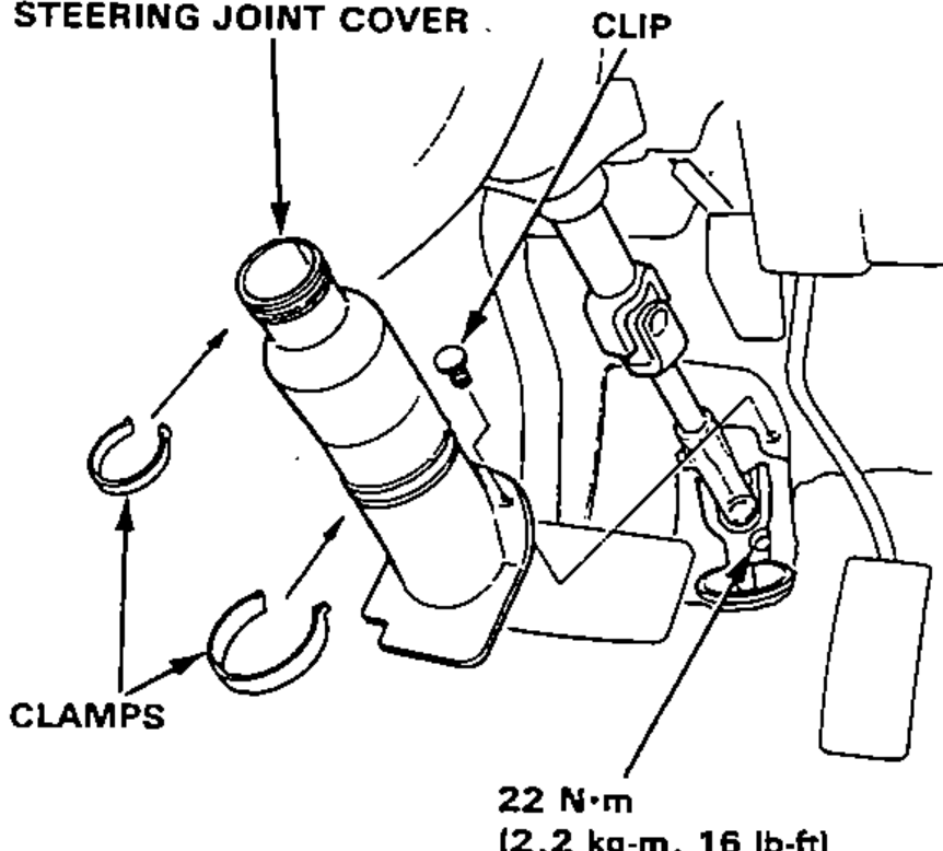 Steering joint and steering joint cover installation with clip and clamps; tightening-torque callout for the steering joint bolts.