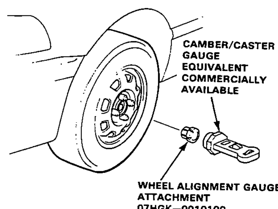 Front wheel set up for camber measurement, with a wheel alignment gauge attachment on the hub and a commercially-available camber/caster gauge.