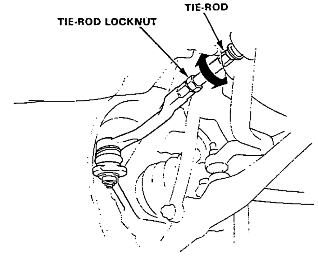 Front suspension/steering linkage view showing the tie-rod and tie-rod locknut, with a curved arrow indicating the tie-rod is turned to adjust front toe.