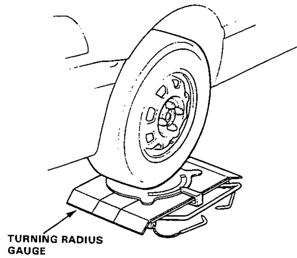 Front wheel resting on a turning radius gauge (turntable) placed beneath the tire, used to measure the turning angle. Shows the wheel/tire and the gauge plate underneath.