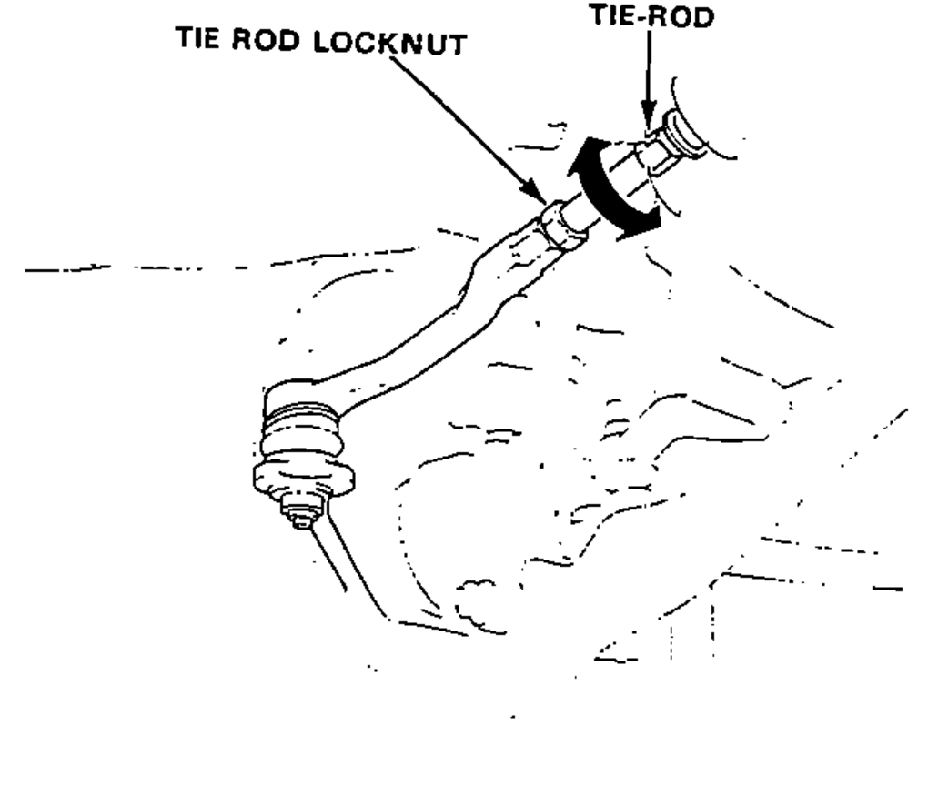 Tie-rod adjustment detail showing the tie-rod, its locknut, and a rotation arrow indicating turning the tie-rod to adjust, with the ball joint and lower arm below.