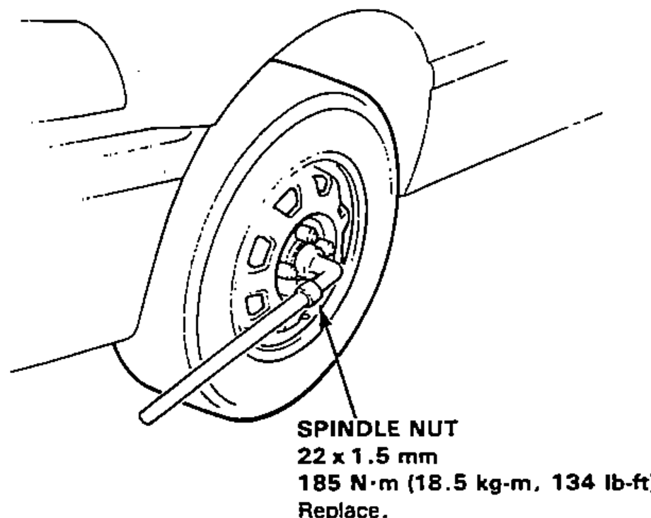 Front wheel/hub with a socket and breaker bar on the spindle nut being loosened. Torque callout for the spindle nut shown.