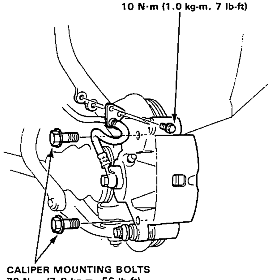 Front caliper detail showing the two caliper mounting bolts being removed. Torque callouts shown for caliper mounting bolts and a smaller bracket bolt.