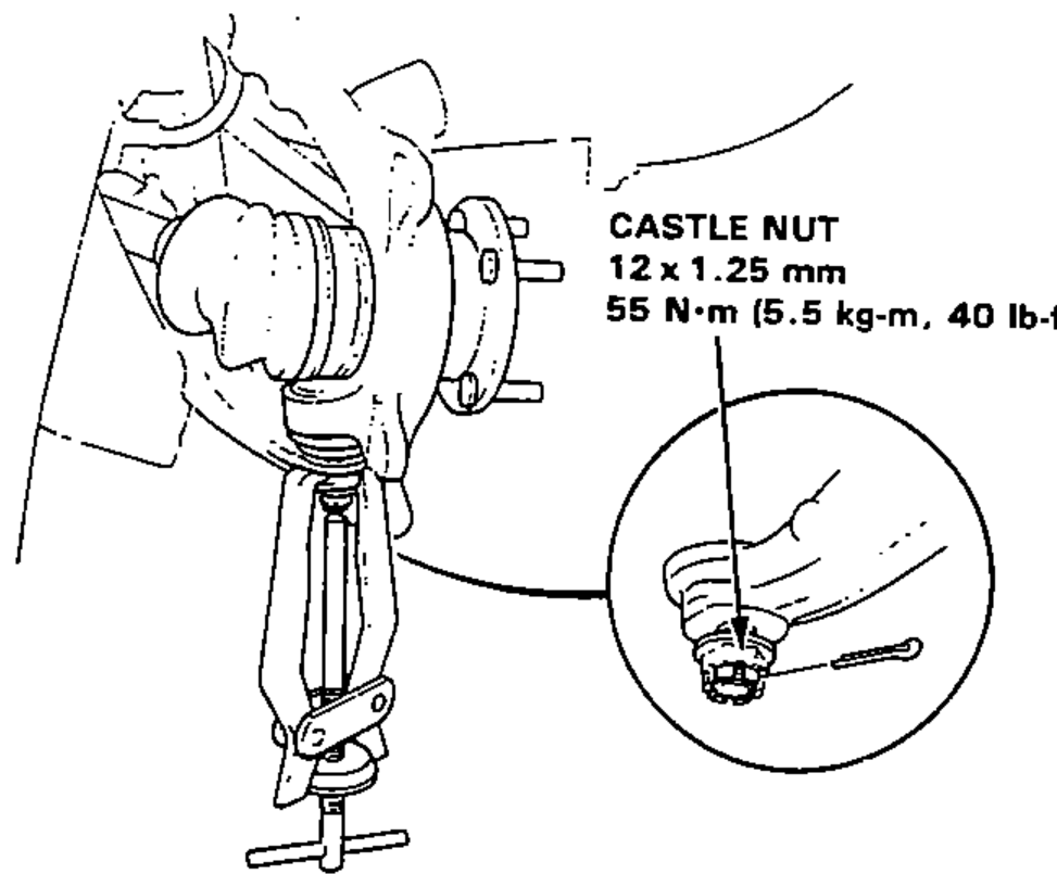 Lower arm ball joint being separated using a puller with the pawls applied to the lower arm; inset shows the cotter pin at the castle nut. Torque callout for the castle nut.