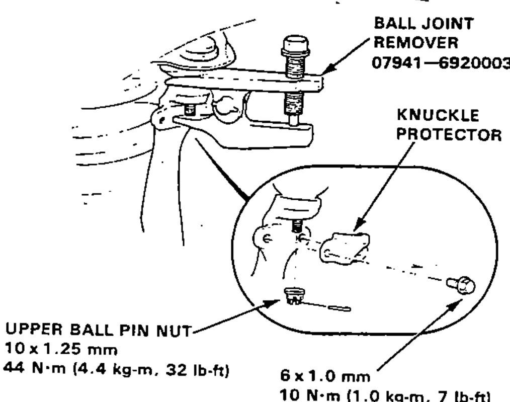 Upper ball joint being separated from the knuckle using the ball joint remover special tool; inset shows the knuckle protector and cotter pin. Torque callouts for the upper ball pin nut and knuckle protector bolt.