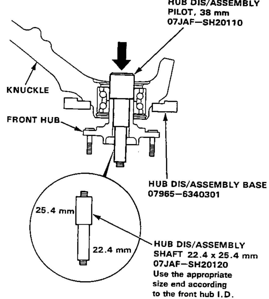 Cross-section of the hub being separated from the knuckle in a hydraulic press using the hub disassembly special tools (pilot, base, shaft); inset shows the shaft with 25.4 mm and 22.4 mm ends.