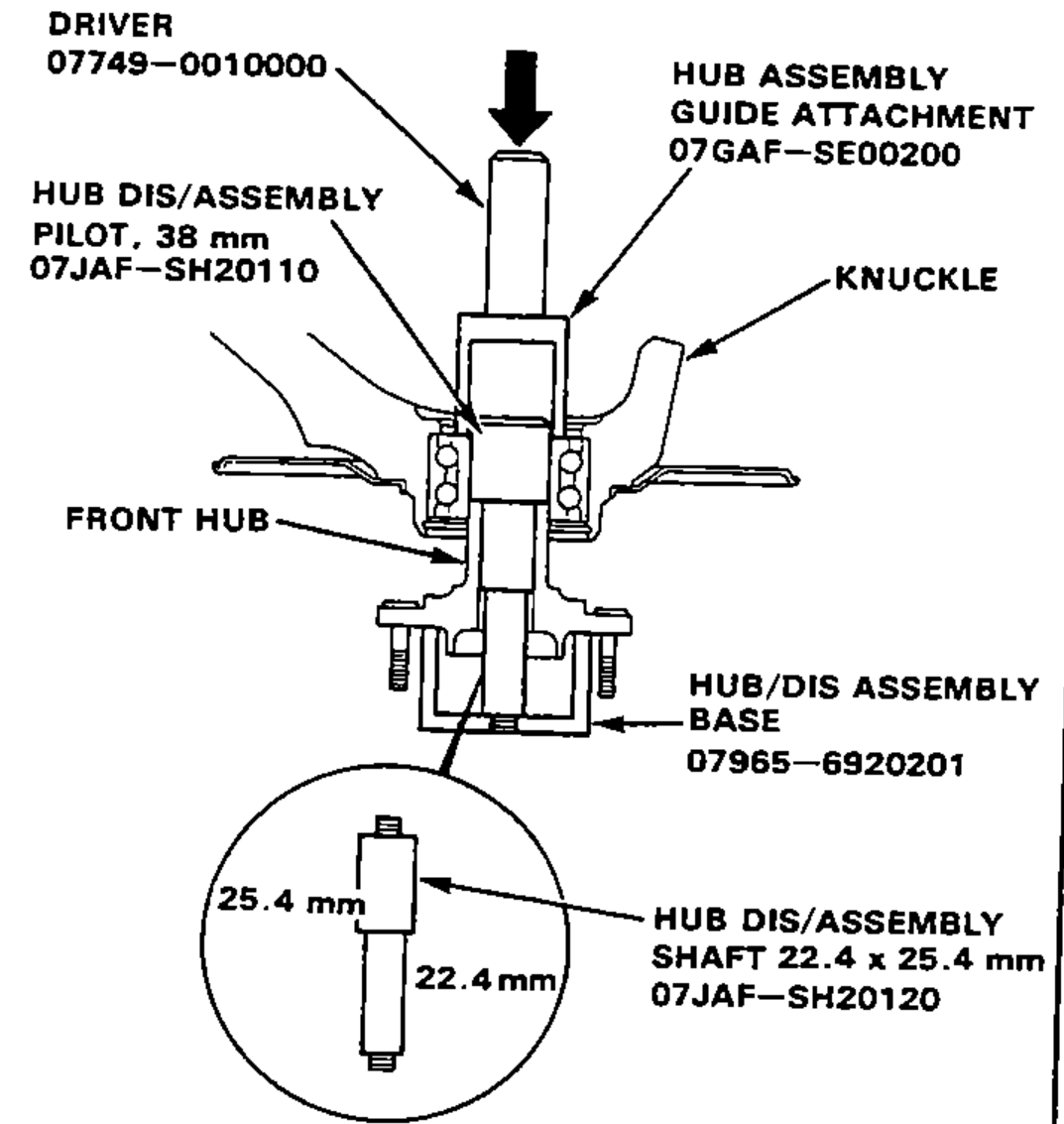 Setting the knuckle in position and pressing it onto the front hub using the special tools and a hydraulic press, with an inset detail of the assembly shaft showing 25.4 mm and 22.4 mm ends.