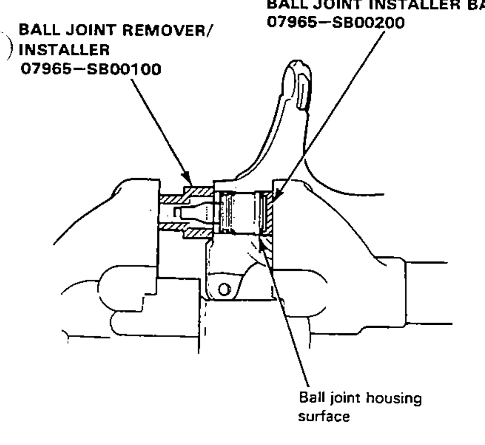 Installing the special tools over the ball joint and pressing the ball joint into the knuckle, noting the ball joint housing surface.