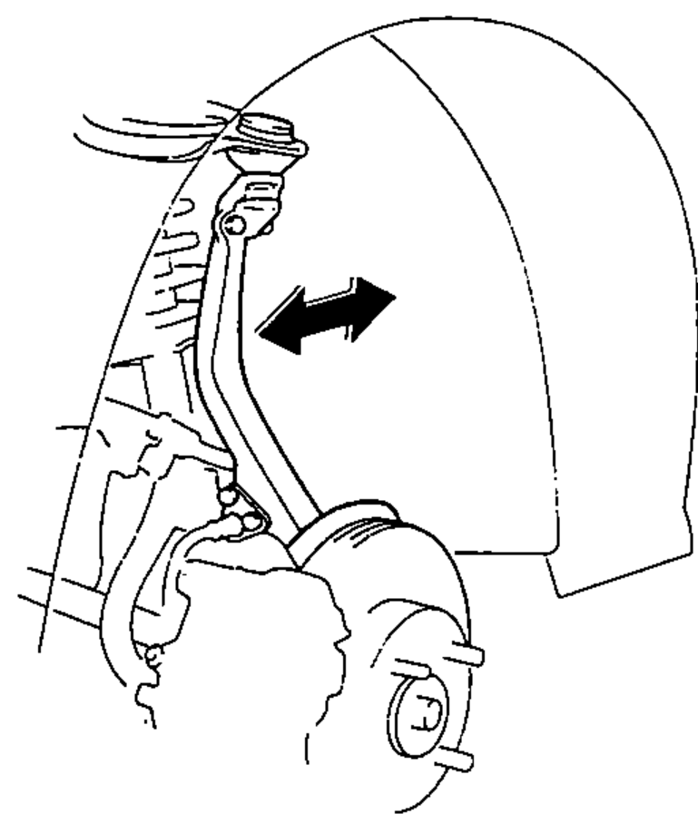 Upper arm and ball joint at the wheel, with a double-headed arrow indicating rocking the upper ball joint front-to-back to check for play.