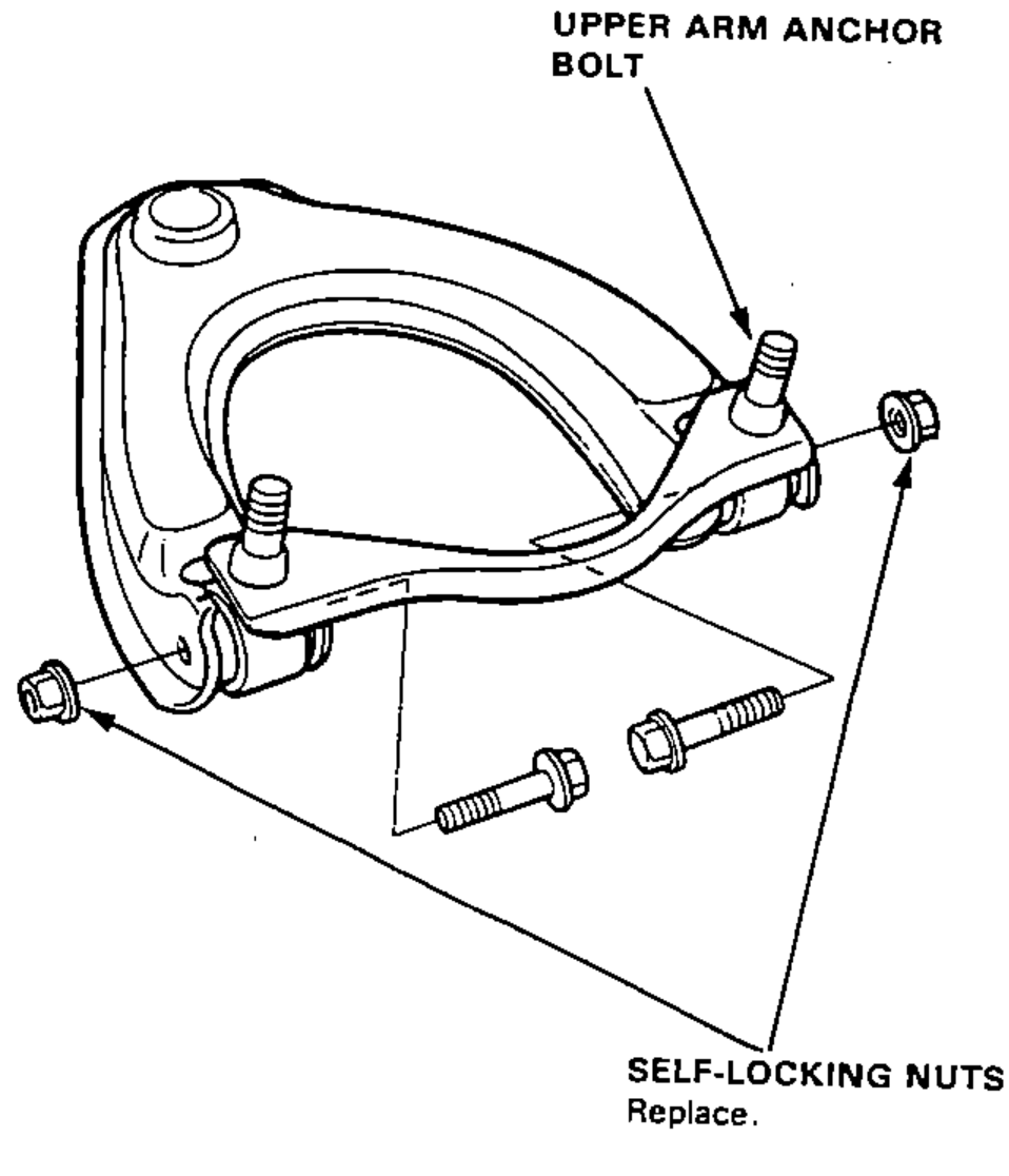 Upper arm assembly removed, showing the upper arm anchor bolts and the self-locking nuts and bolts being taken out.