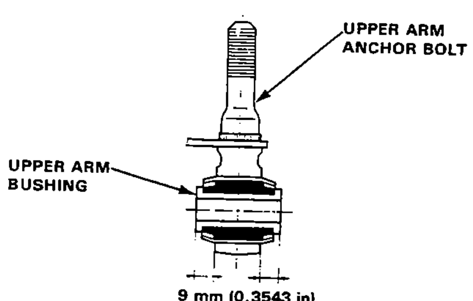 Detail of the upper arm anchor bolt with a new upper arm bushing pressed on, dimensioned so that 9 mm (0.3543 in) of bushing protrudes from each side of the anchor bolt.
