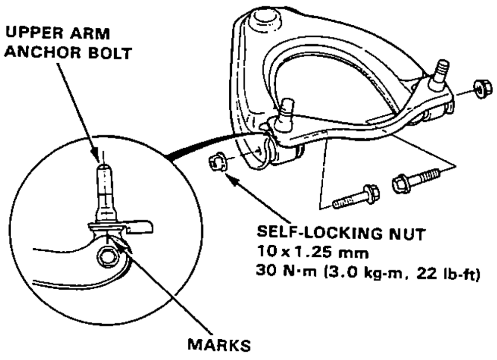 Upper arm reinstalled with anchor bolts and self-locking nuts; inset shows aligning the anchor bolt mark with the mark on the upper arm. Torque callout for the self-locking nut.