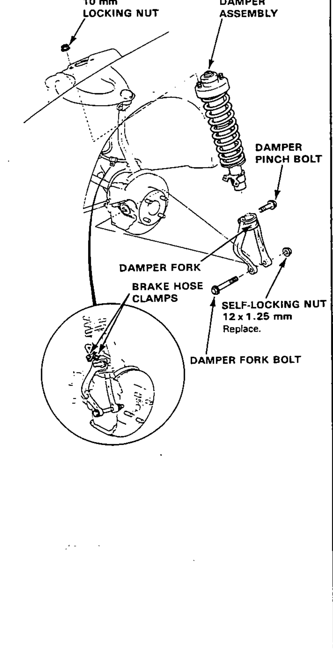 Front damper removal: damper assembly with the two 10 mm locking nuts at the top, damper fork, damper pinch bolt, damper fork bolt and self-locking nut; inset shows the brake hose clamps. Torque/replace callout for the self-locking nut.