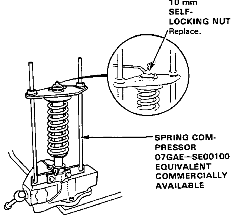 Damper spring being compressed in a spring compressor to remove the self-locking nut; inset shows the 10 mm self-locking nut at the top of the damper.