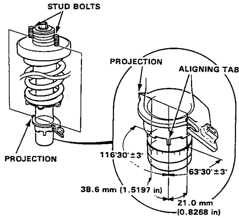 Front damper unit on spring compressor showing the stud bolts, projection points and aligning tab, with mark angles and offset dimensions for marking the damper before compression.