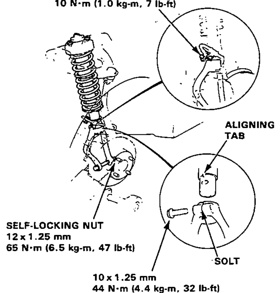 Front damper installed on the frame and damper fork, showing the brake hose clamp bolt torque, the aligning tab, the damper fork self-locking nut and the damper mount bolt.