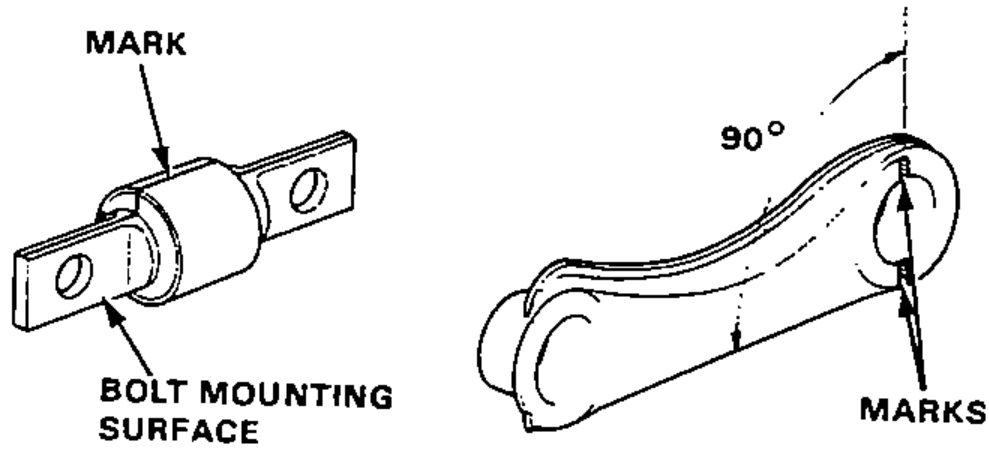 Left: upper arm inner bushing with a scribe MARK aligned to the BOLT MOUNTING SURFACE. Right: rear upper arm with two MARKS at 90 degrees for alignment.