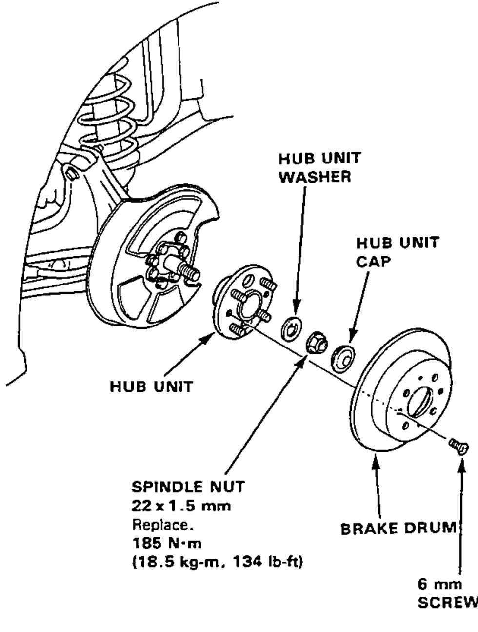 Exploded view of the rear hub unit bearing assembly, showing the rear suspension knuckle/brake disc on the left and the disassembled hub components laid out to the right.