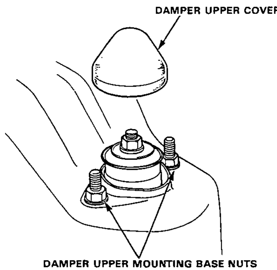Detail of the rear damper upper area showing the damper upper cover removed and the damper upper mounting base nuts.