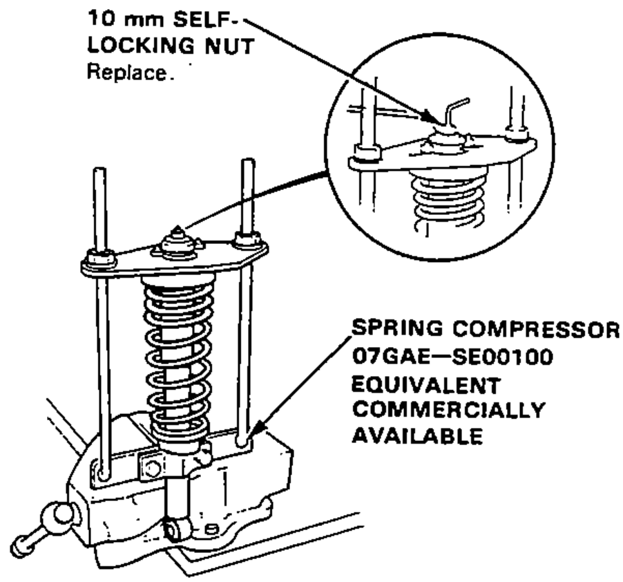Damper spring compressed on a spring compressor, with an inset close-up of the 10 mm self-locking nut at the top of the damper rod.