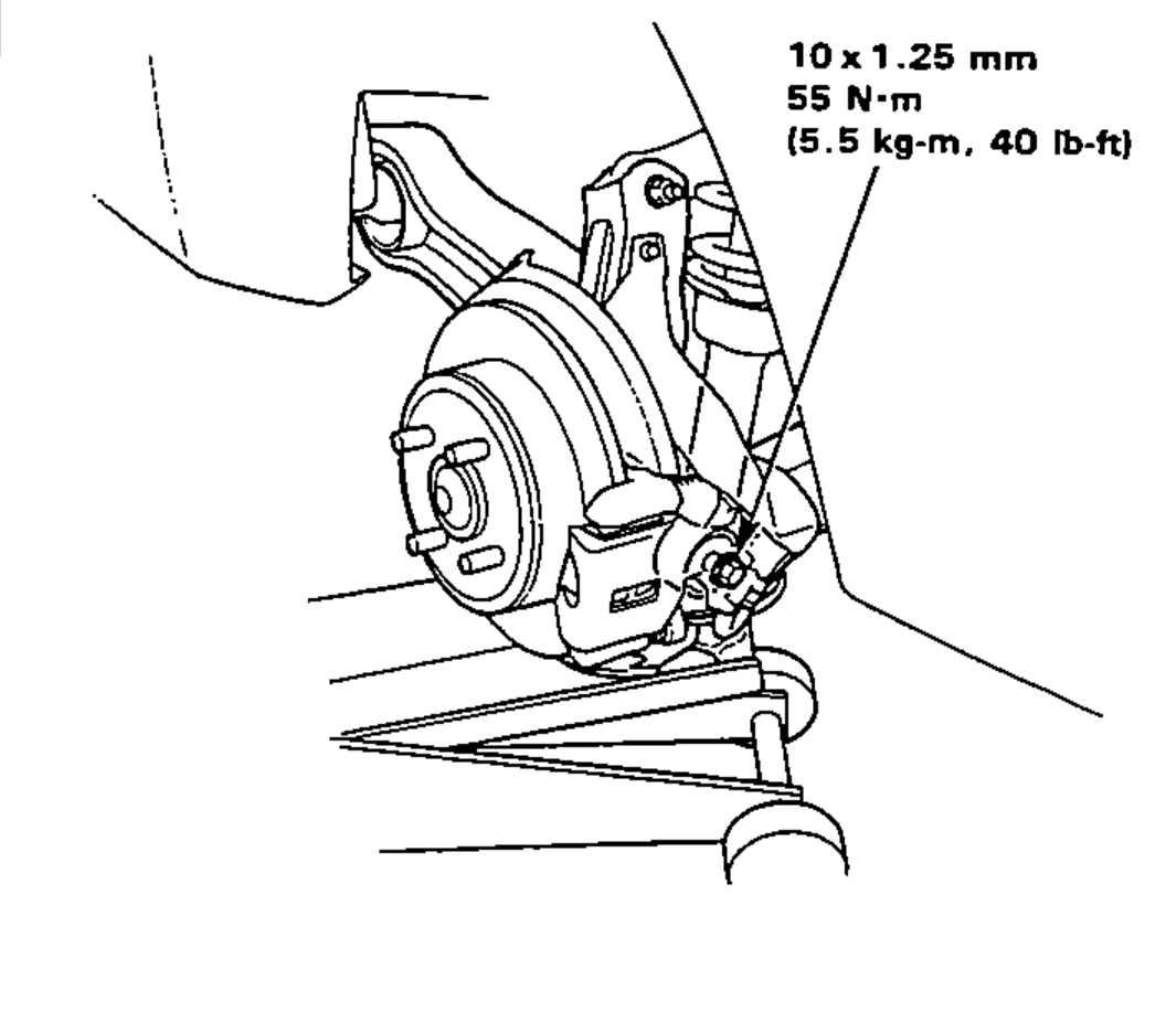 Rear suspension with hub and damper lower mount, showing the damper mounting bolt torque callout.