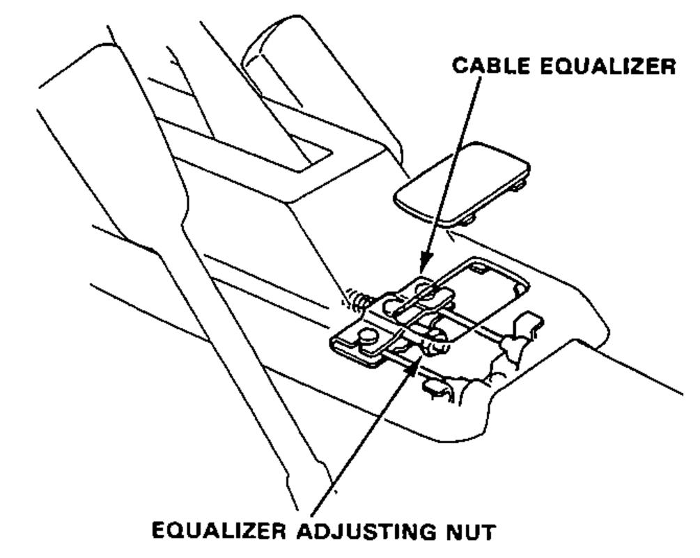 Parking brake cable equalizer under the console showing the cable equalizer and the equalizer adjusting nut.