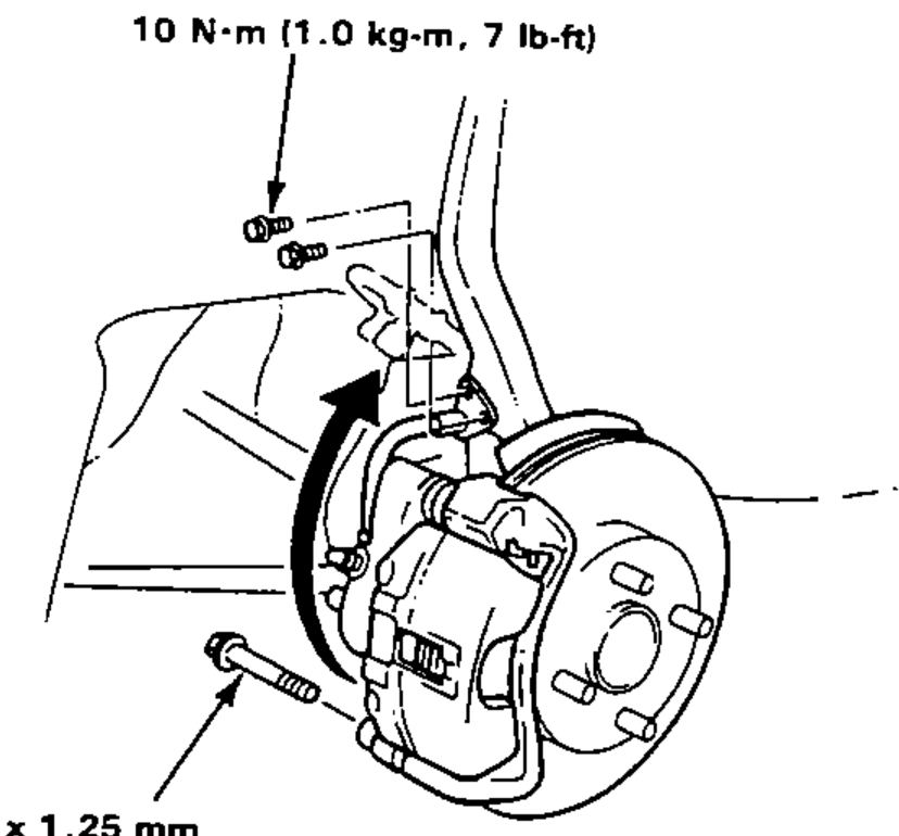 Front brake caliper and knuckle assembly showing the caliper being pivoted up out of the way. A curved arrow indicates rotating the caliper upward; the caliper bolt and mounting bolt are called out with torque values.
