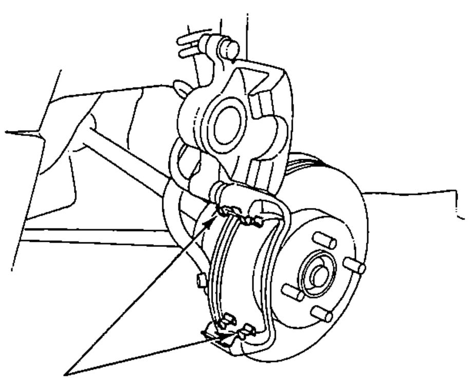 Front brake caliper, disc and hub assembly with two leader lines pointing to the pad retainers being installed.