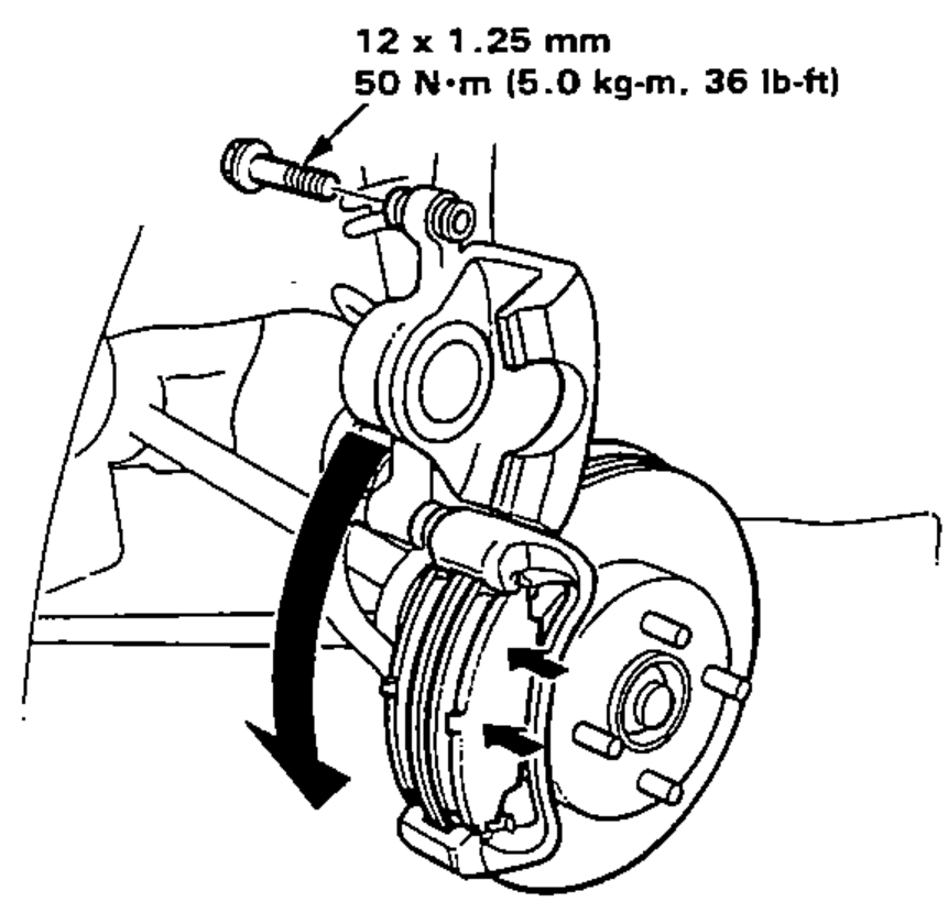 Caliper being pivoted down into position over the disc, with the caliper mounting bolt and its tightening torque called out.