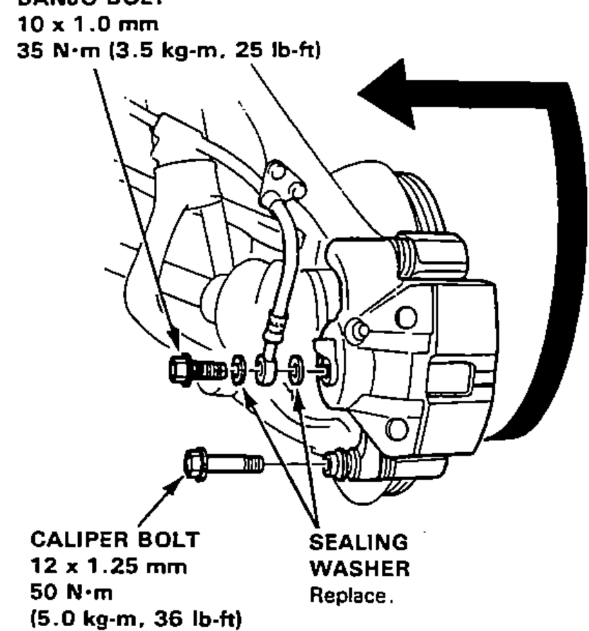 Front brake caliper with the brake hose / banjo bolt and caliper mounting bolt being removed; arrow shows caliper removal direction.