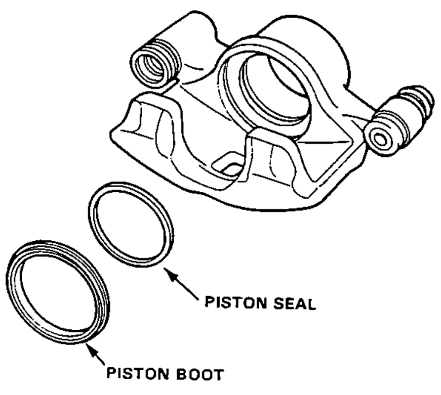 Caliper body with the piston seal and piston boot removed and laid out below it.