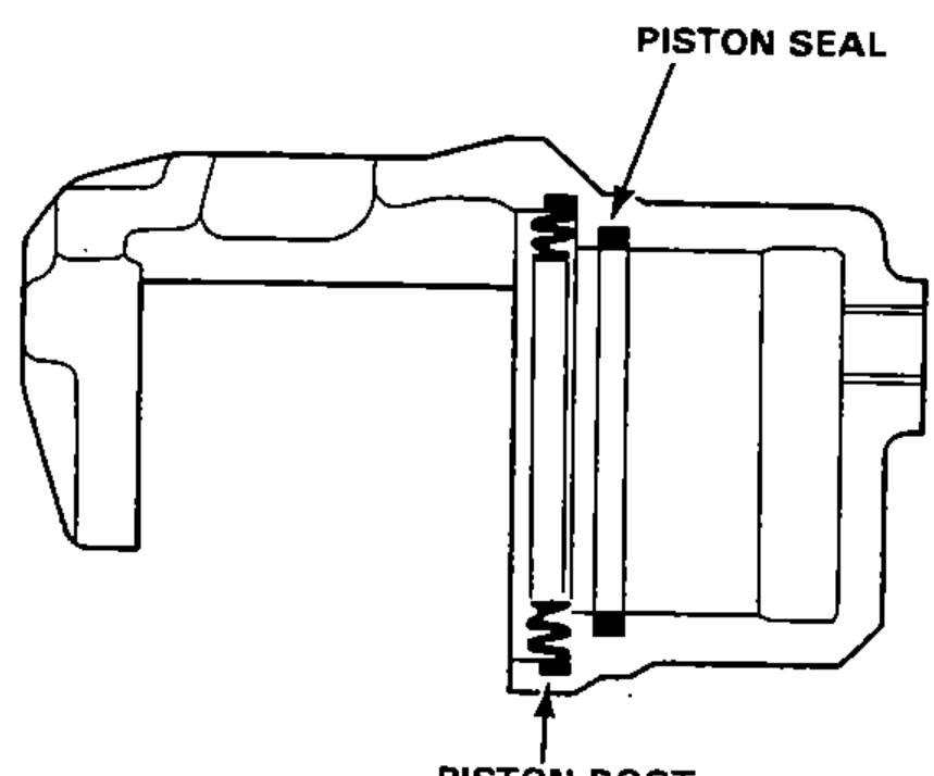 Cross-section of the caliper cylinder showing the piston seal in the cylinder groove and the piston boot installed.