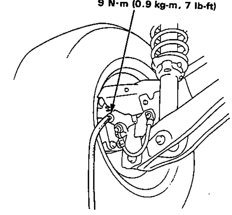 Rear brake assembly showing the location of the rear bleed screw on the wheel cylinder, with torque callout.