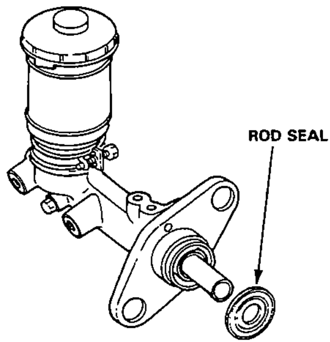 Master cylinder assembly with a leader line pointing to the rod seal at the end of the piston, illustrating rod seal removal.