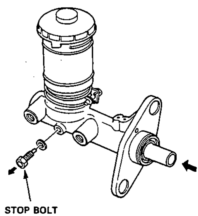 Master cylinder with an arrow indicating removal of the stop bolt from the bottom while pushing in the secondary piston assembly.