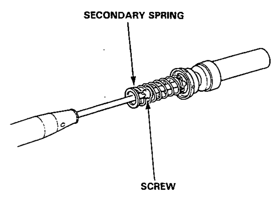 Secondary piston assembly with the secondary spring and retaining screw called out, illustrating removal of the screw and secondary spring.