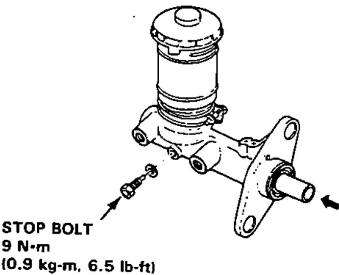 Master cylinder with the stop bolt and new sealing washer being installed from the bottom while pushing in the secondary piston assembly.