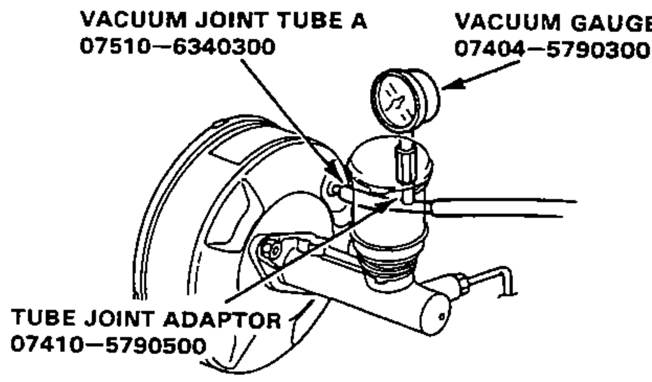 Leak test setup: vacuum gauge and vacuum joint tube A connected to the brake booster via the tube joint adaptor, mounted on the master cylinder.