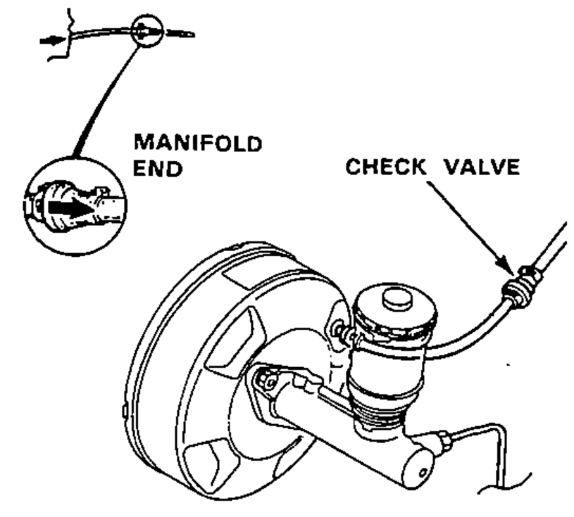 Check valve test: the booster check valve and its hose removed from the booster, with the manifold end identified.
