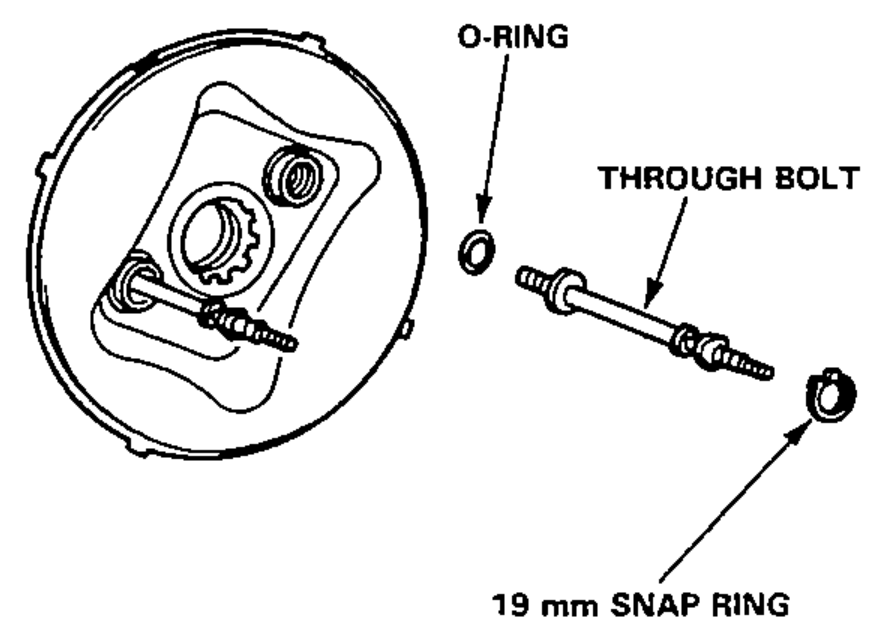 Exploded view of the rear booster housing showing the 19 mm snap ring and the through bolt with its O-ring.