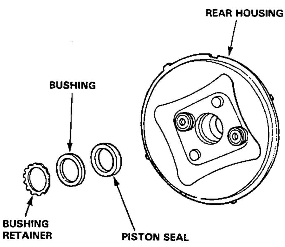 Exploded view of the rear booster housing with the bushing retainer, bushing and piston seal being removed.